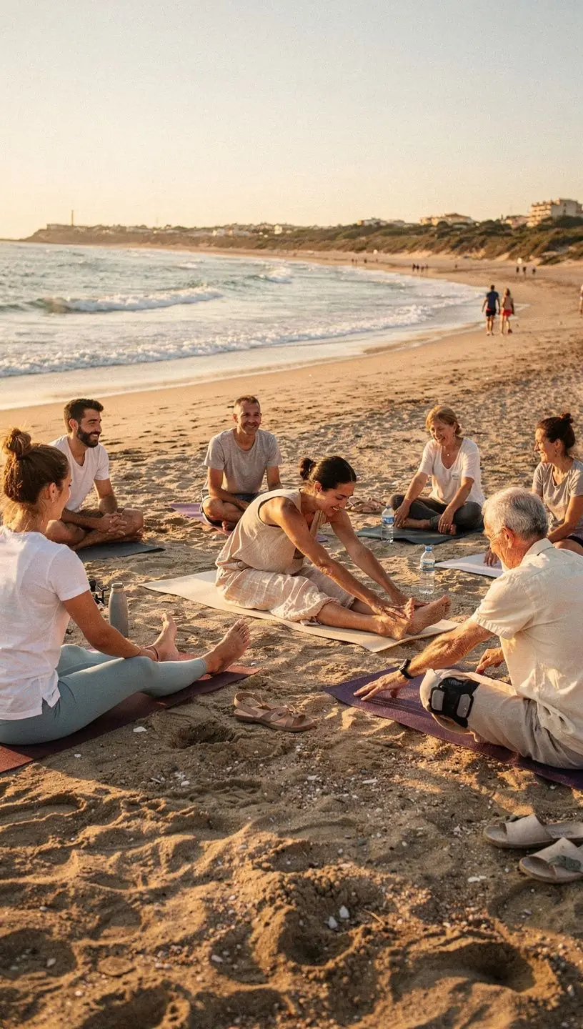 Instructor de yoga guiando a los participantes en ejercicios para proteger la columna.
